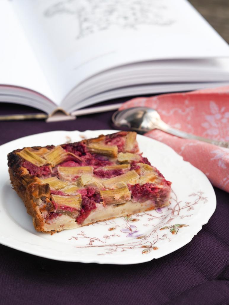 red fruit (strawberry or raspberry) and rhubarb clafoutis. French easy recipe