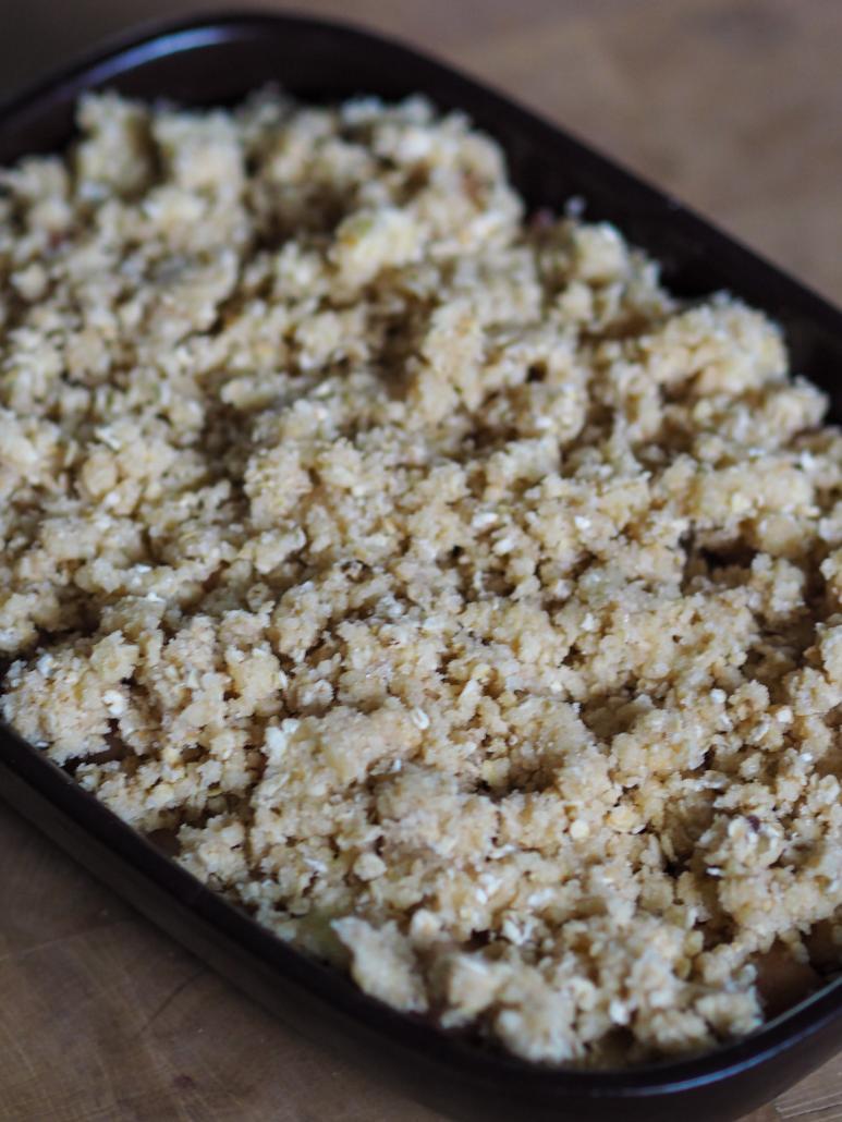 crisp oatmeal crumble topping ready to go in the oven