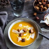 Pumpkin soup with cream and gingerbread croutons
