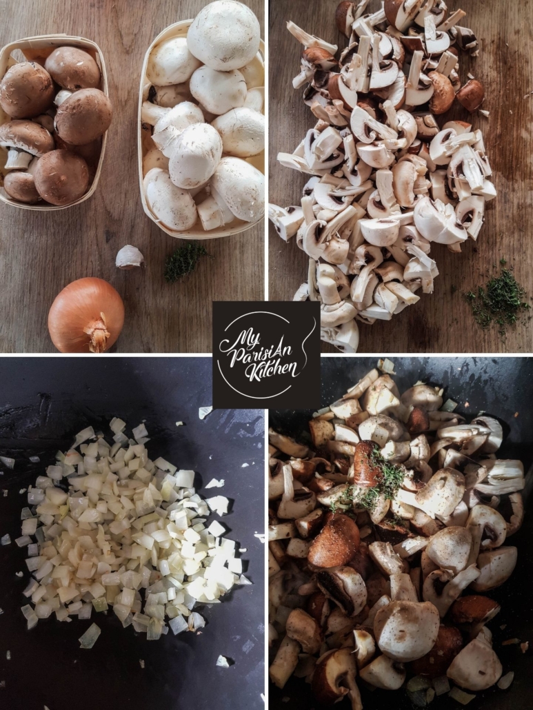 Sauté button mushrooms in a pan with onion, garlic, butter and herbs