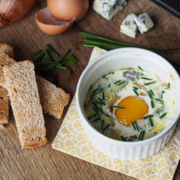 Egg en cocotte with blue cheese, French recipe