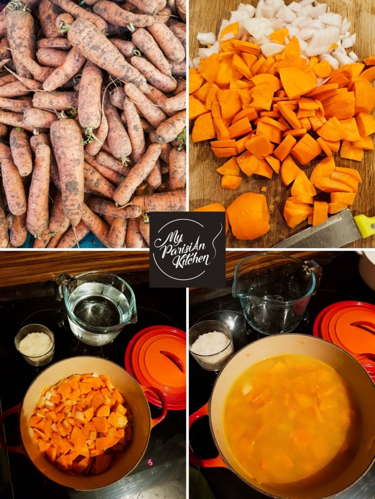 French crécy soup step by step in photos, carotte et riz pas à pas en photos