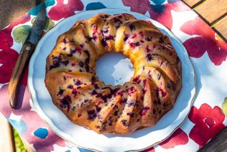 French yogurt cake with redcurrant and blackcurrant