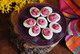 pink deviled egg flavord and dyed with beetroot