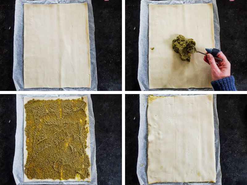 spread pesto sauce between two sheets of puff pastry