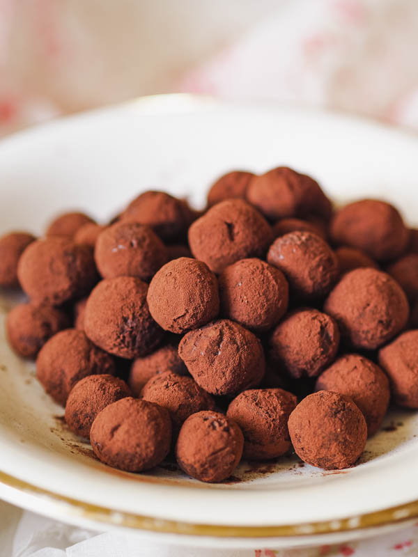 Homemade French chocolate truffles a decadent ganache coated with cocoa powder