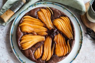 Ultra moist chocolate cake with pears. French fancy and decadent recipe