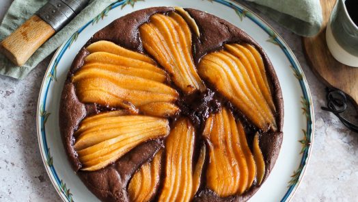 Ultra moist chocolate cake with pears. French fancy and decadent recipe