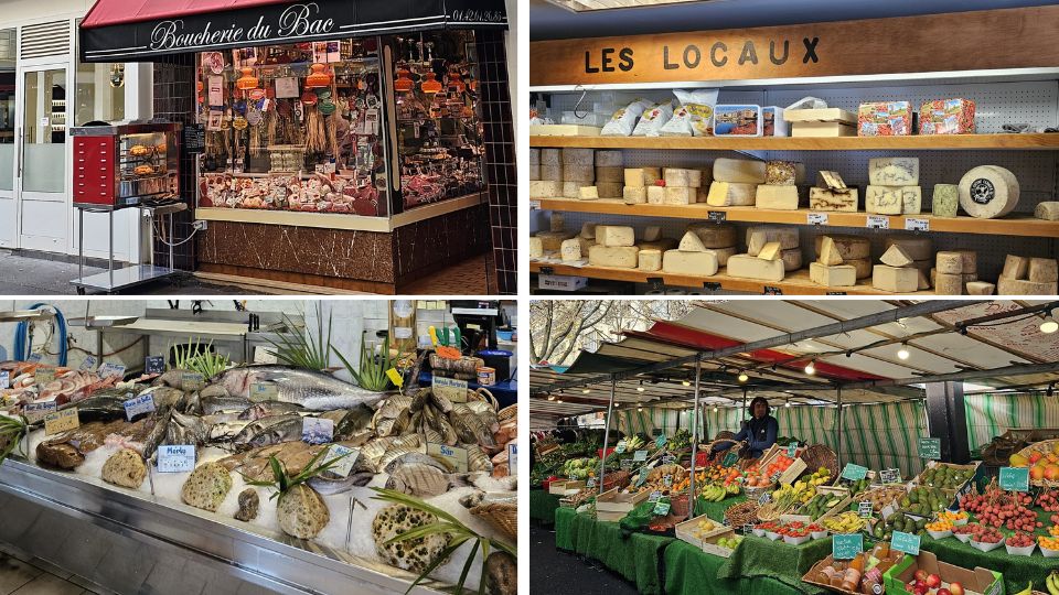 shopping locally in France, bakery, fishmonger, butcher, grocery store, cheese monger, greengrocer