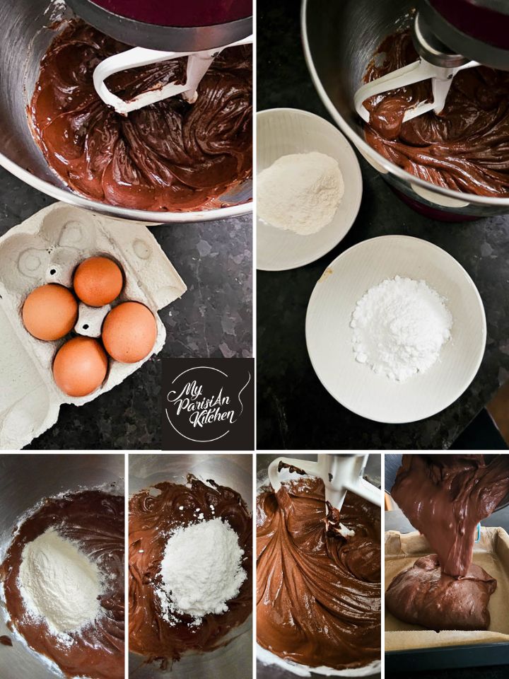 ajouter les œufs entiers, le sucre glace et la farine dans le gâteau au chocolat