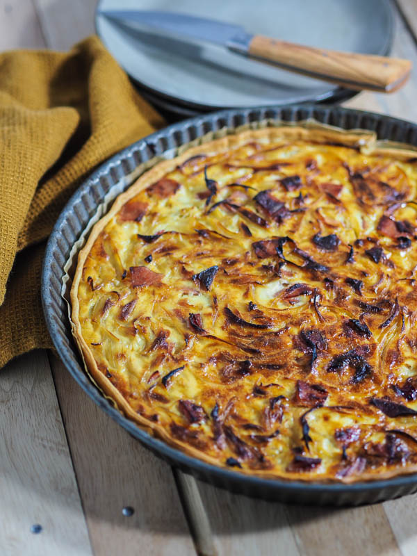 a quiche made up of onion and bacon